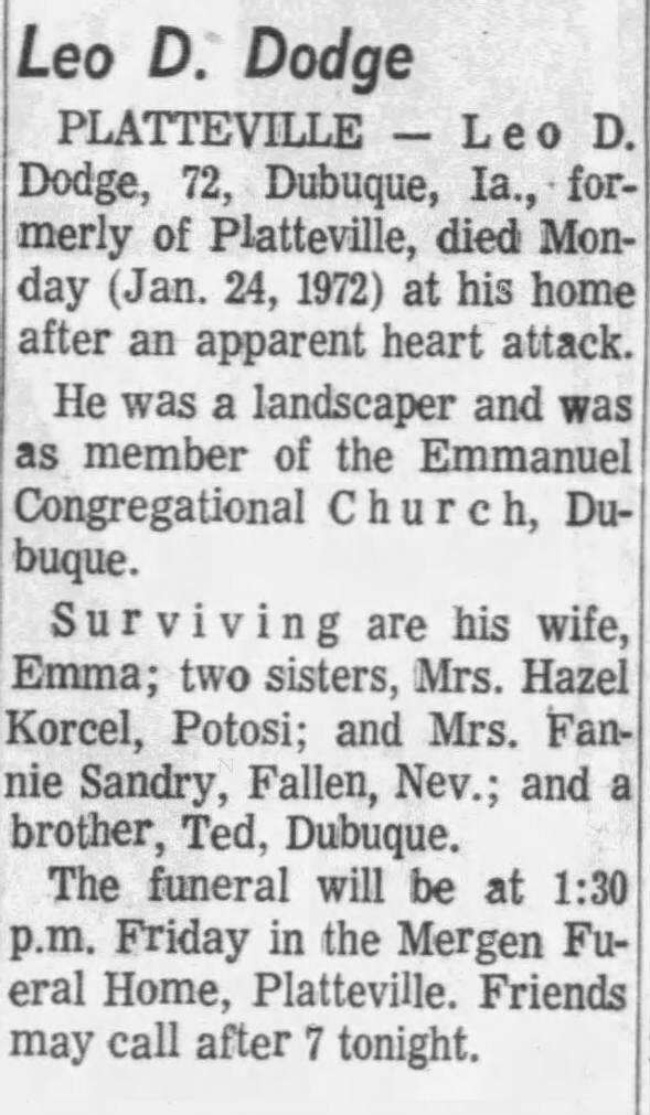 Obituary for Leo D : Dodge (Aged 72)